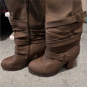 Brown Suede Heeled Boots with Straps never worn
